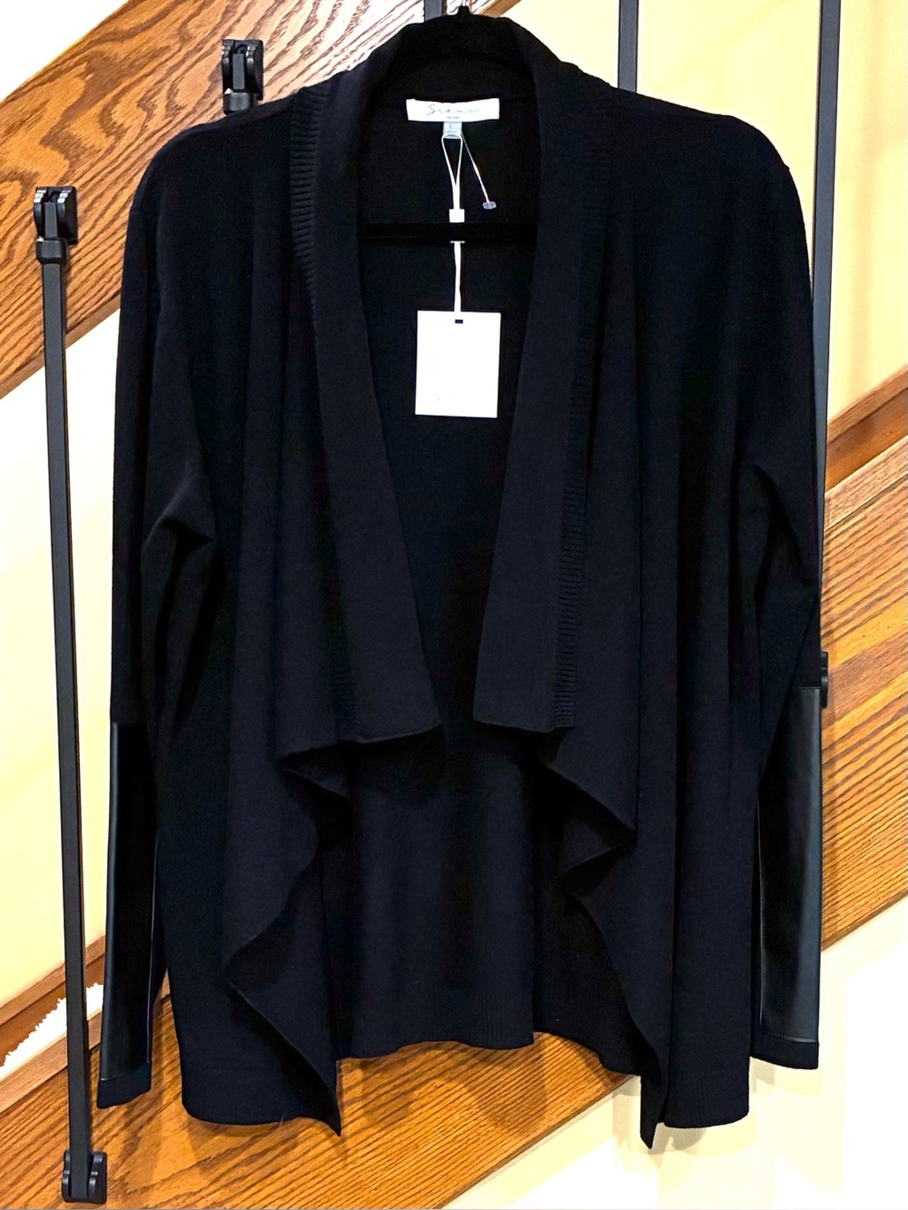 Sioni Cardigan Open Drape Front Faux Leather Sleeve Detailing Black SZ. Lg NWT